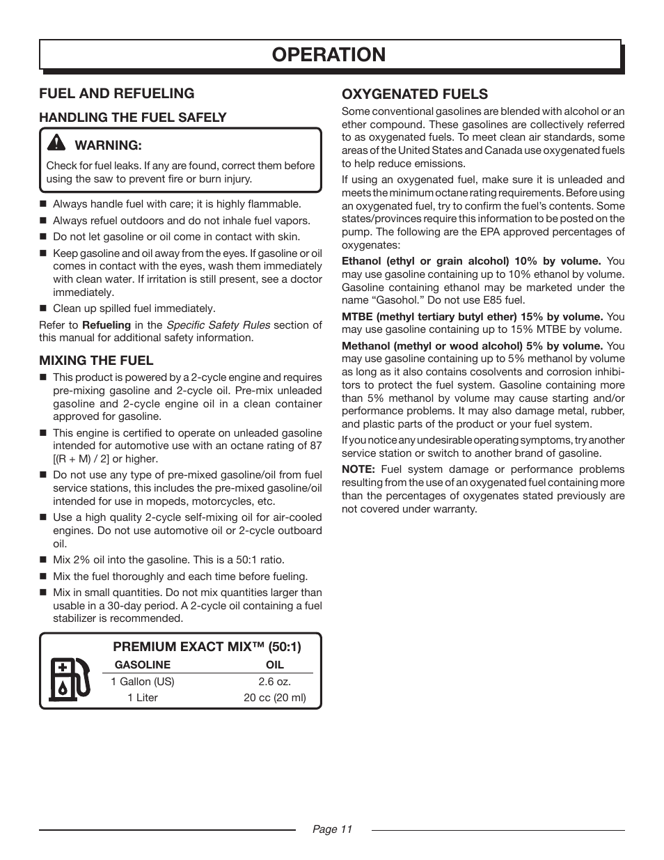 Operation, Fuel and refueling, Oxygenated fuels | Homelite UT10516/16 IN. 33CC User Manual | Page 11 / 38