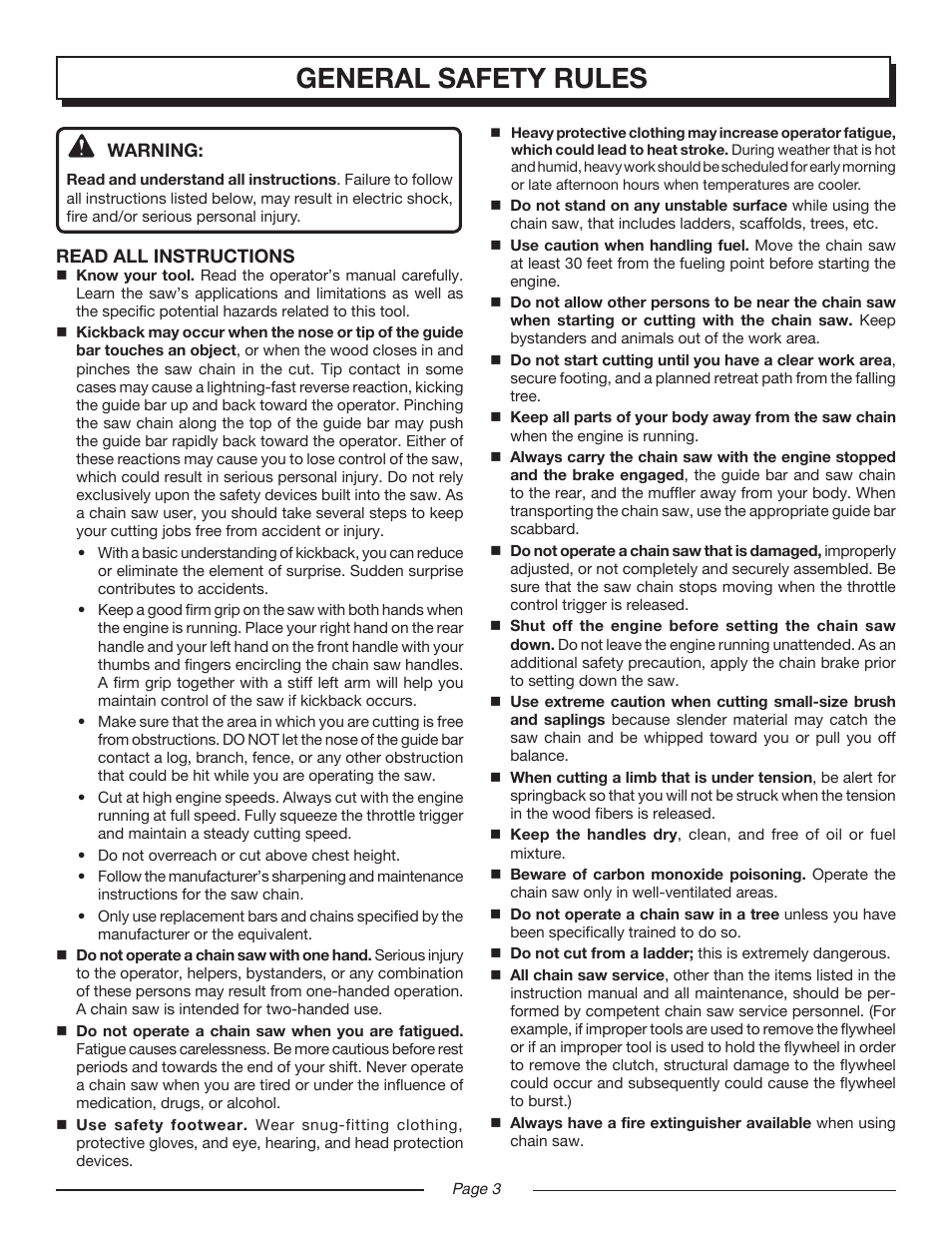 General safety rules | Homelite UT10516/16 IN. 33CC User Manual | Page 3 / 38