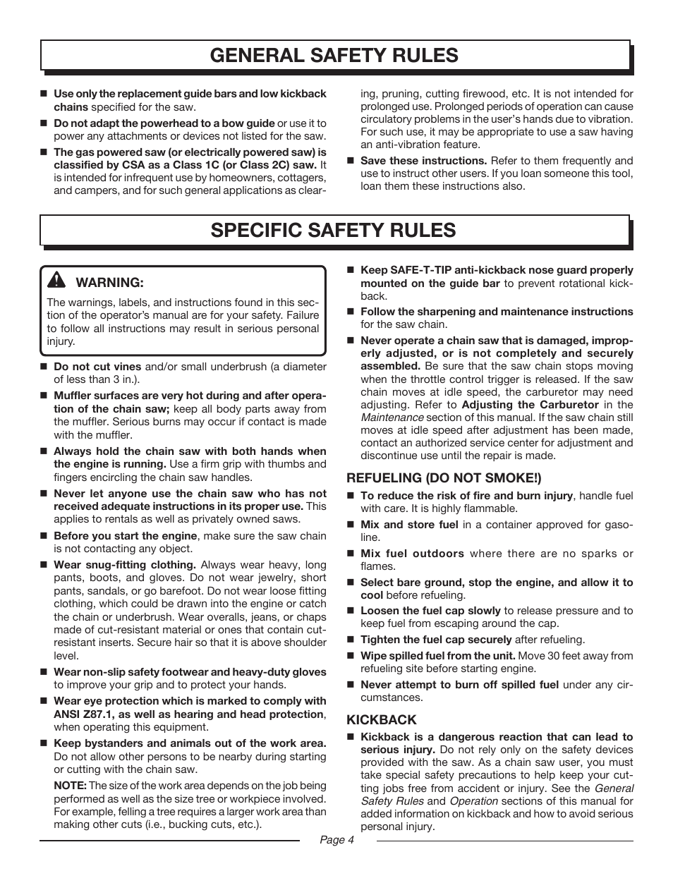 Specific safety rules, General safety rules | Homelite UT10516/16 IN. 33CC User Manual | Page 4 / 38