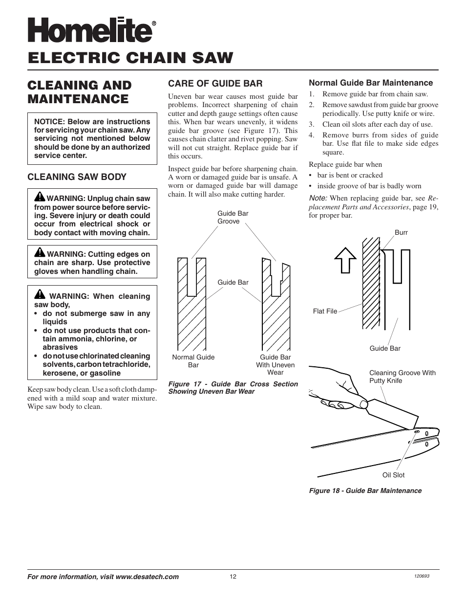 Electric chain saw, Cleaning and maintenance | Homelite UT13130 User Manual | Page 12 / 20