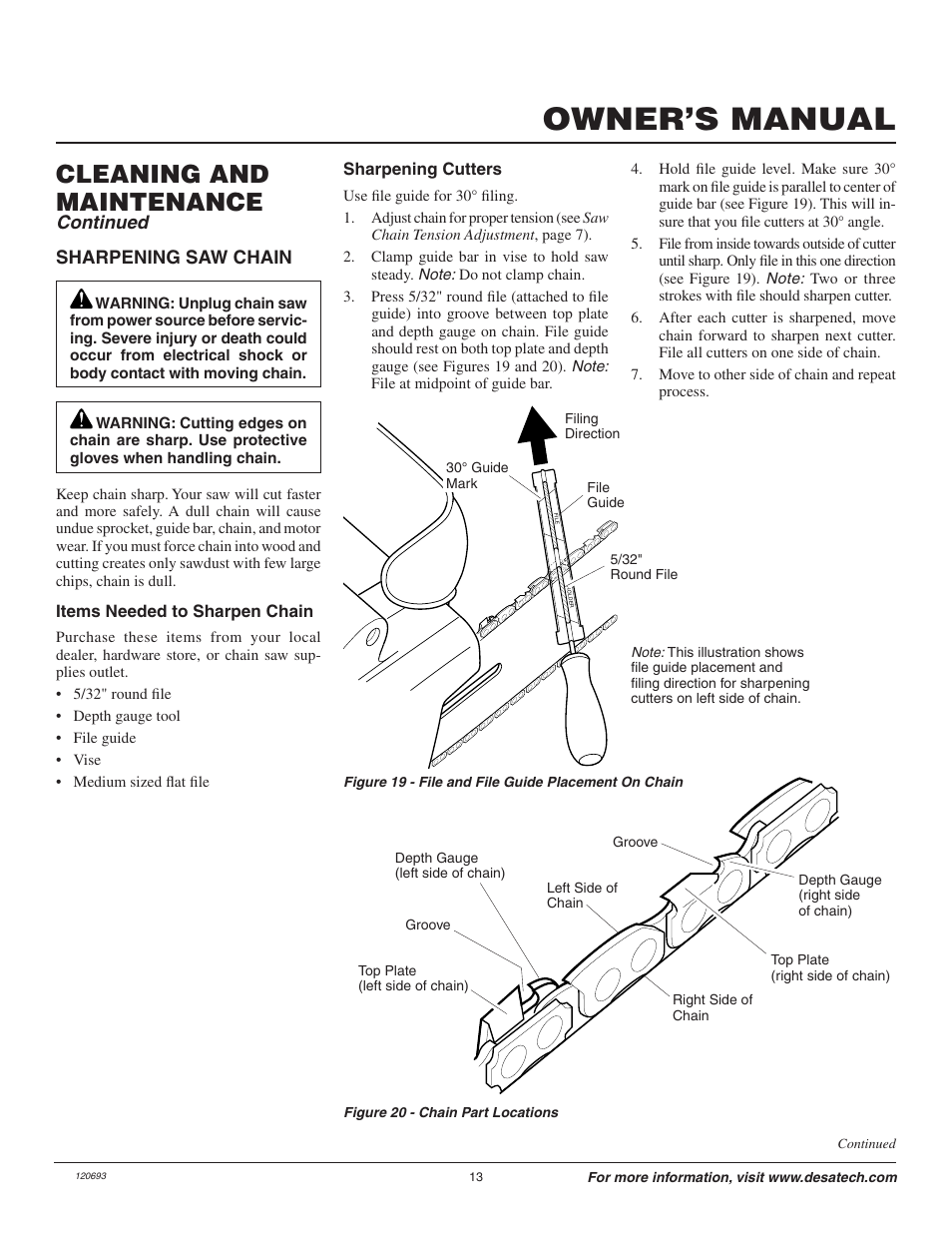 Owner’s manual, Cleaning and maintenance, Sharpening saw chain | Continued | Homelite UT13130 User Manual | Page 13 / 20