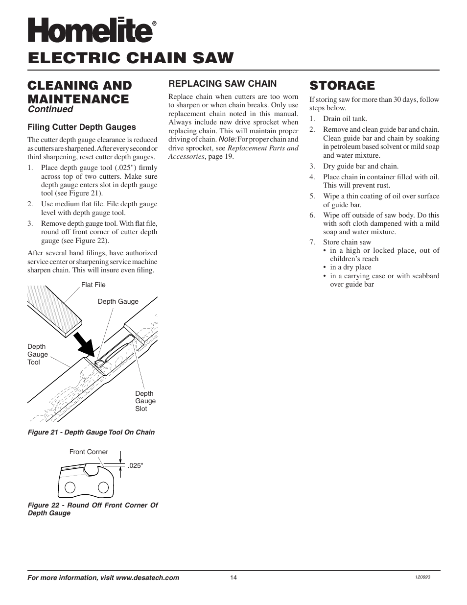 Electric chain saw, Cleaning and maintenance, Storage | Homelite UT13130 User Manual | Page 14 / 20