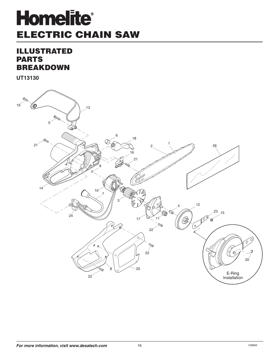 Electric chain saw, Illustrated parts breakdown | Homelite UT13130 User Manual | Page 16 / 20