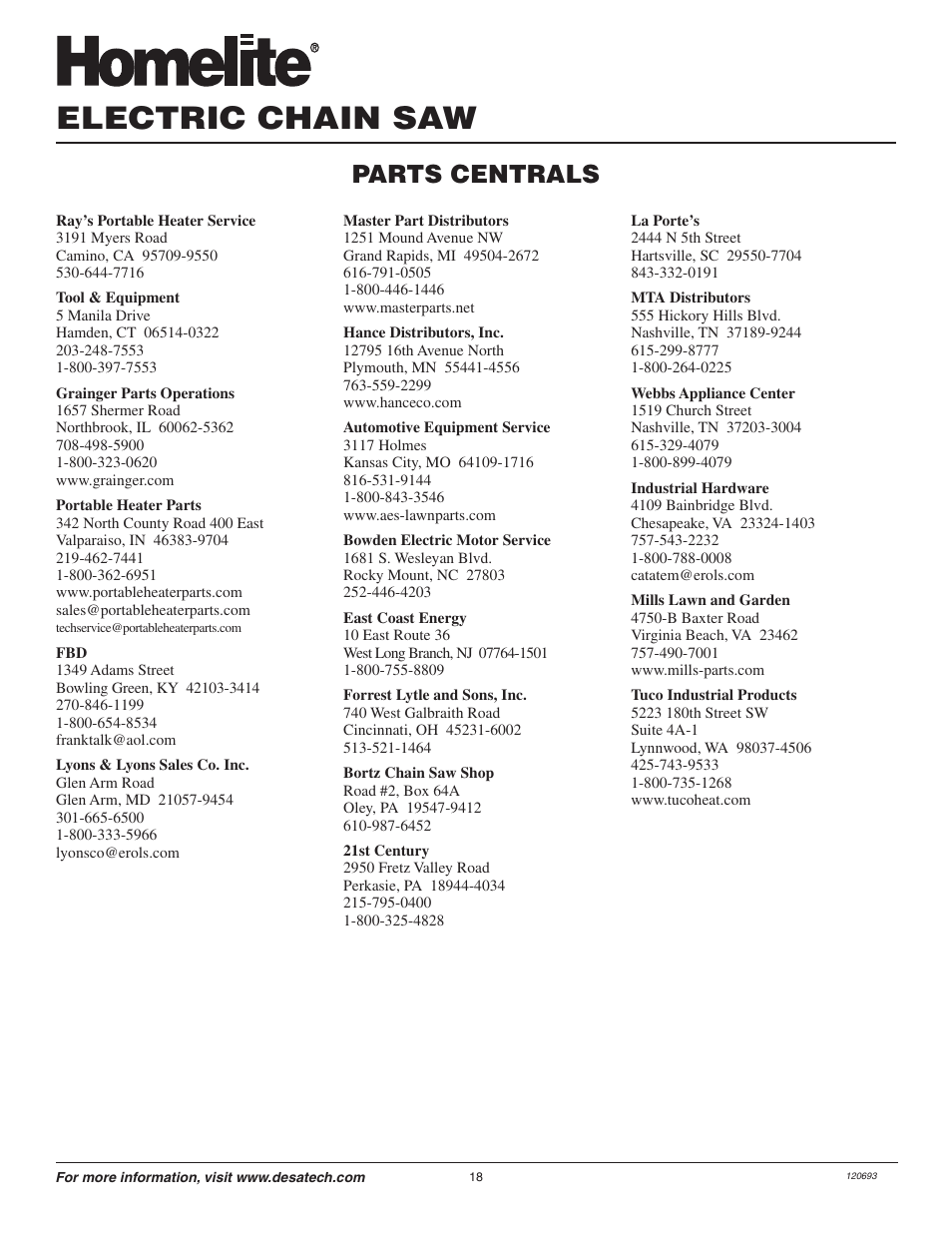 Electric chain saw, Parts centrals | Homelite UT13130 User Manual | Page 18 / 20