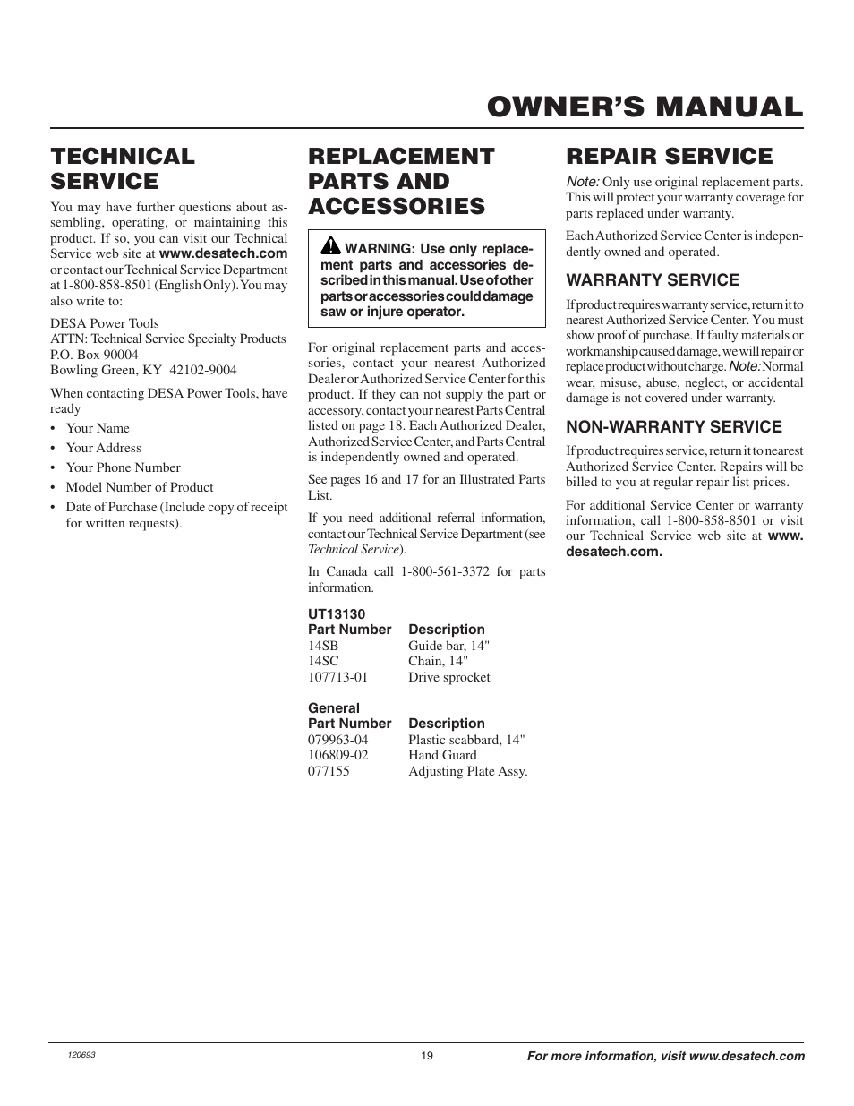 Owner’s manual, Technical service, Replacement parts and accessories repair service | Homelite UT13130 User Manual | Page 19 / 20