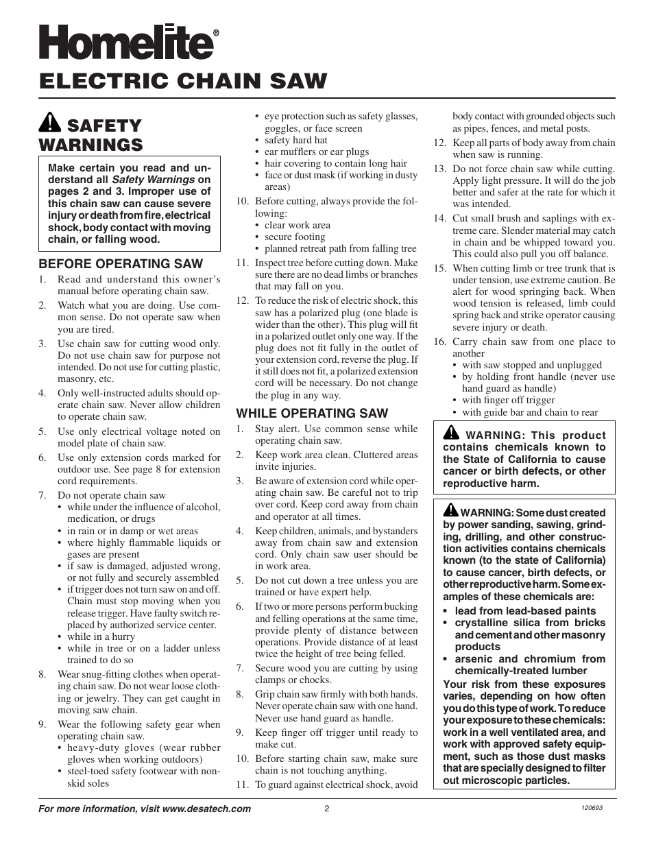 Electric chain saw, Safety warnings | Homelite UT13130 User Manual | Page 2 / 20