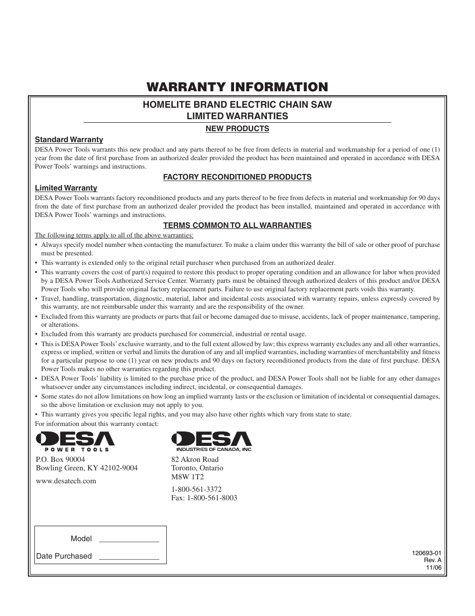 Warranty information | Homelite UT13130 User Manual | Page 20 / 20