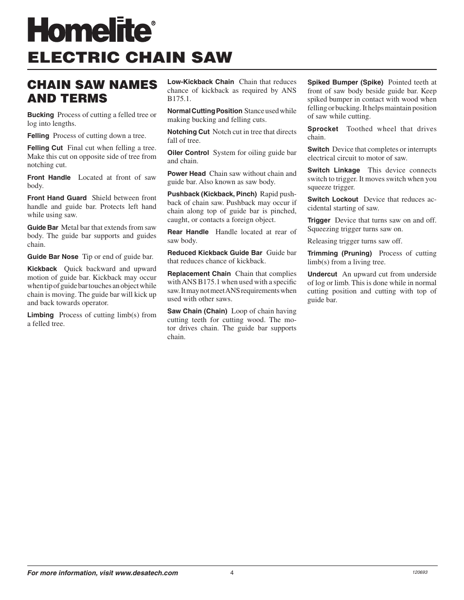 Electric chain saw, Chain saw names and terms | Homelite UT13130 User Manual | Page 4 / 20