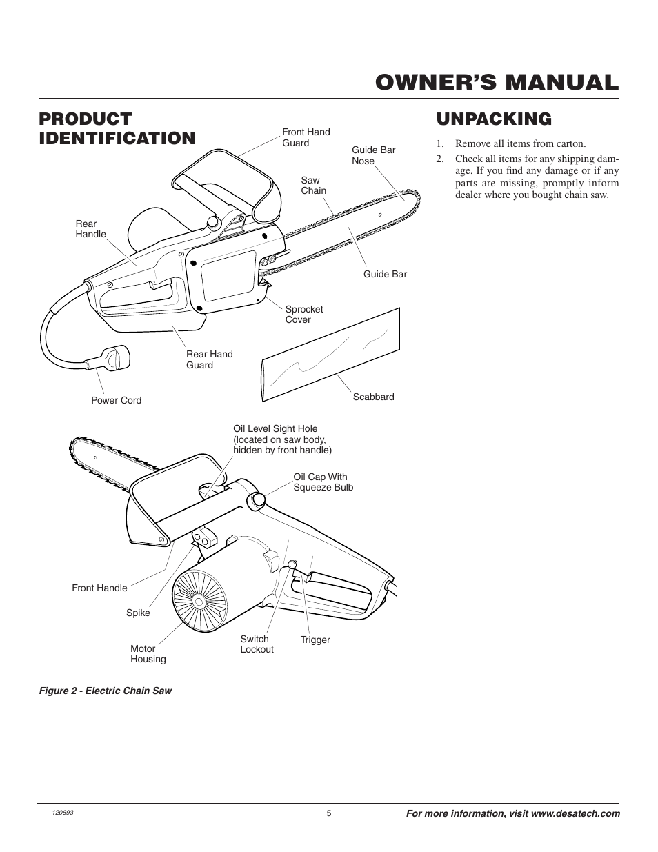 Owner’s manual, Product identification unpacking | Homelite UT13130 User Manual | Page 5 / 20