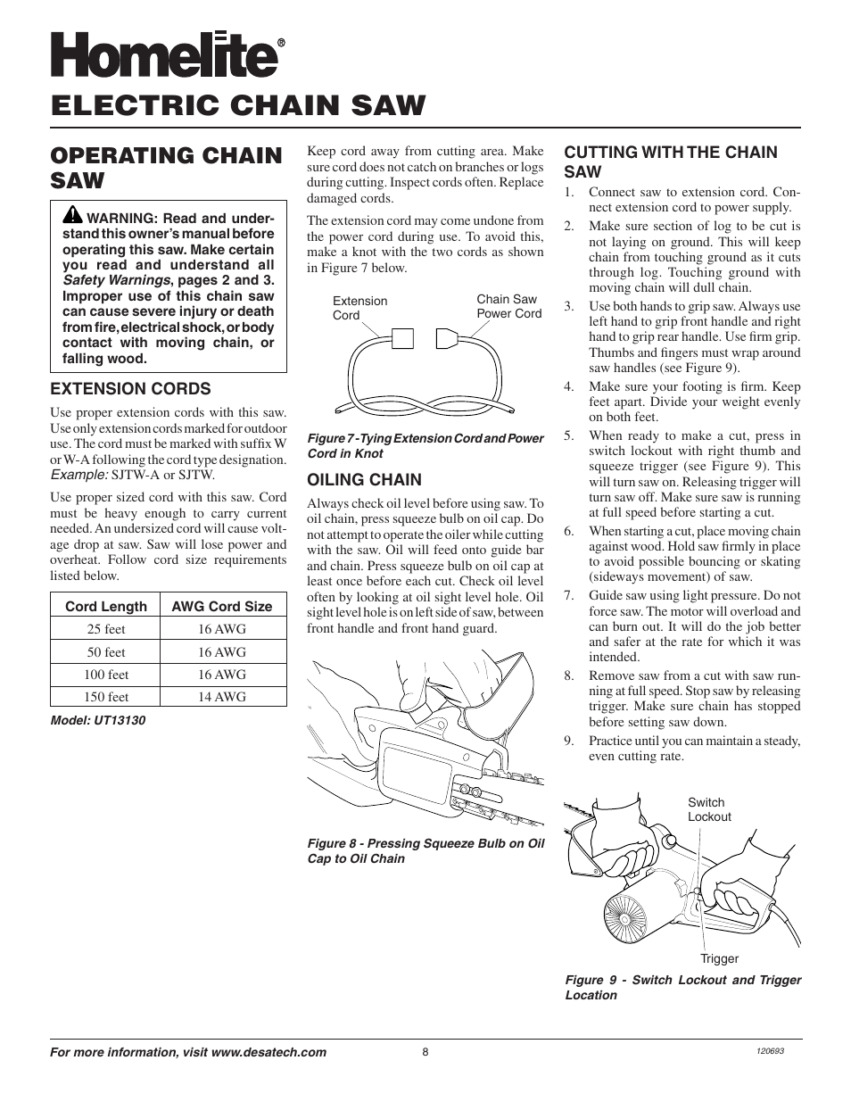 Electric chain saw, Operating chain saw | Homelite UT13130 User Manual | Page 8 / 20