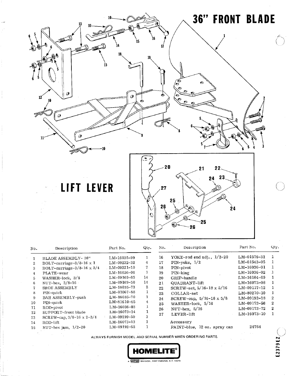 36” front blade, Lift lever, Homelite | Homelite Tractors User Manual | Page 4 / 4