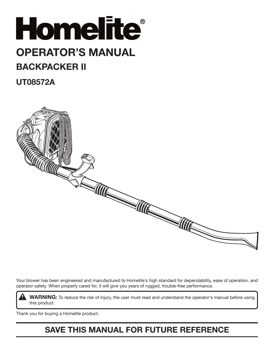 Homelite BACKPACKER II UT08572A User Manual | 18 pages