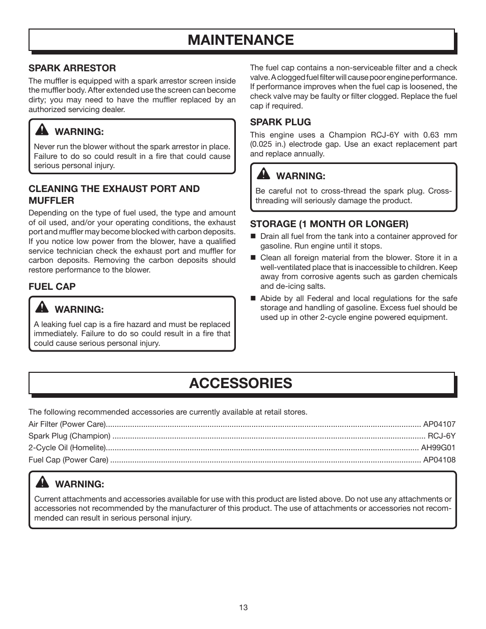 Maintenance, Accessories | Homelite BACKPACKER II UT08572A User Manual | Page 13 / 18