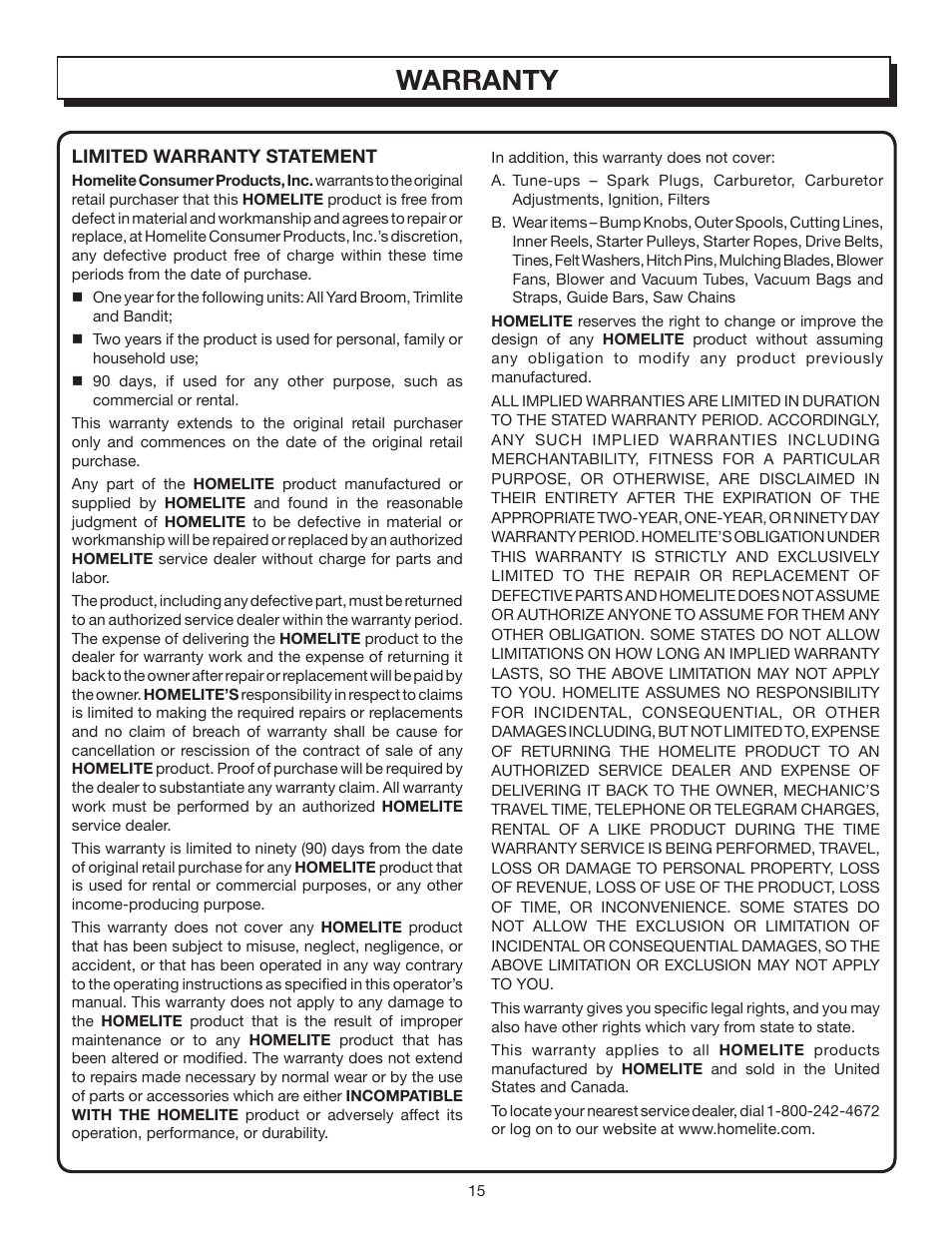 Warranty | Homelite BACKPACKER II UT08572A User Manual | Page 15 / 18