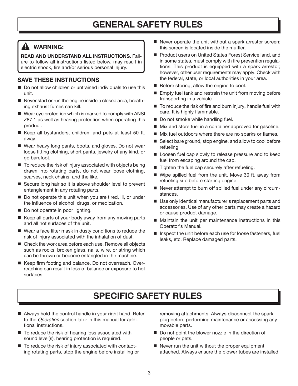 General safety rules specific safety rules | Homelite BACKPACKER II UT08572A User Manual | Page 3 / 18