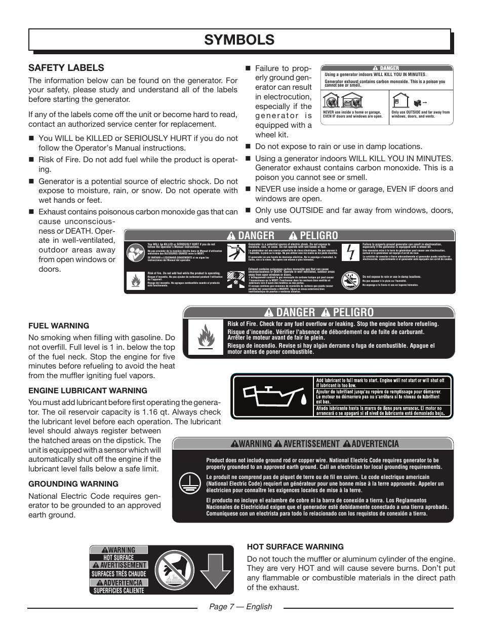 Danger peligro, Symbols, Safety labels | Page 7 — english | Homelite HG5000 User Manual | Page 11 / 60