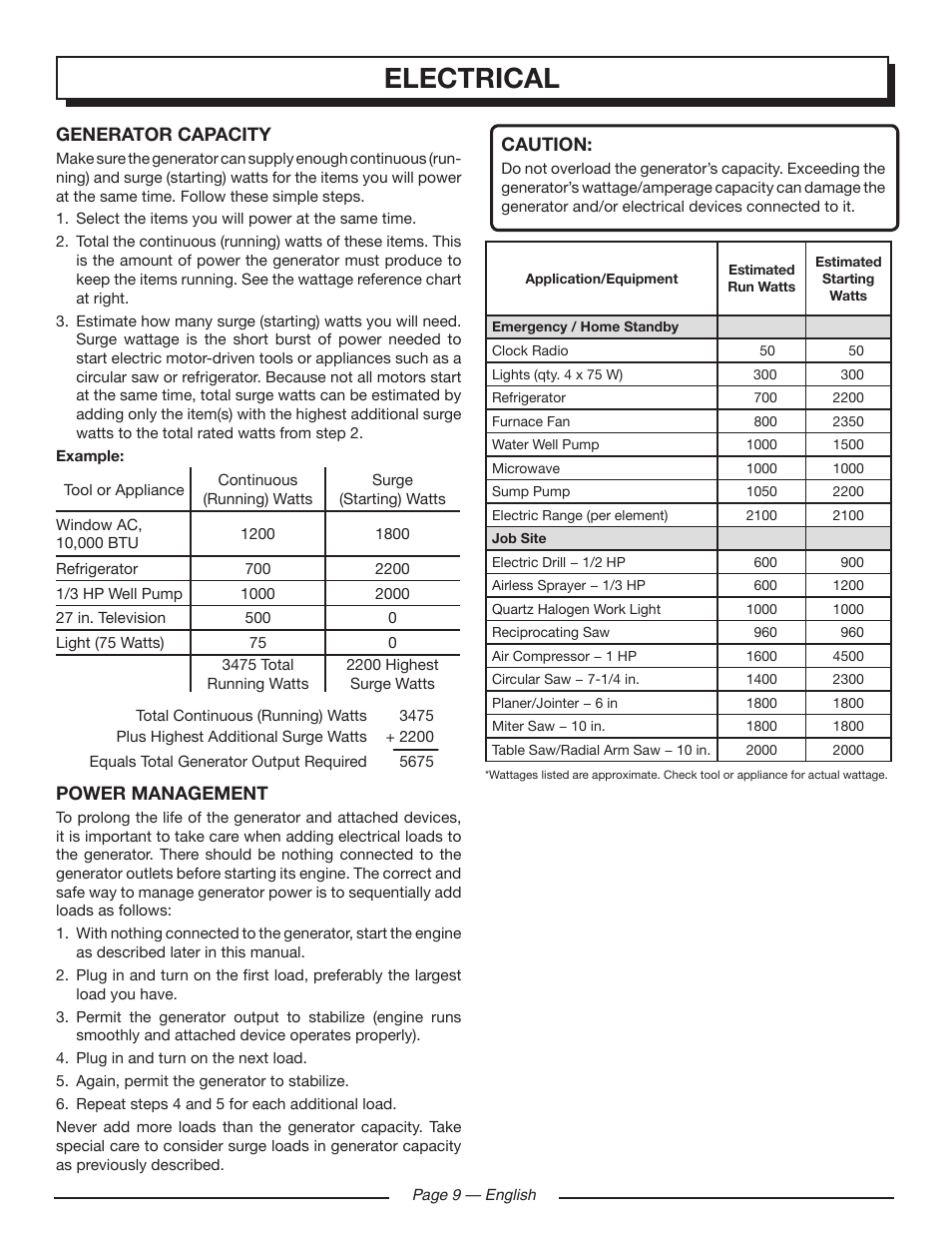 Electrical | Homelite HG5000 User Manual | Page 13 / 60