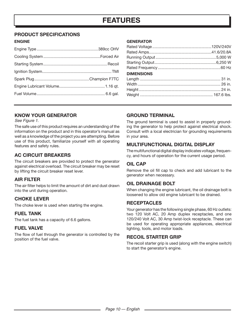 Features | Homelite HG5000 User Manual | Page 14 / 60