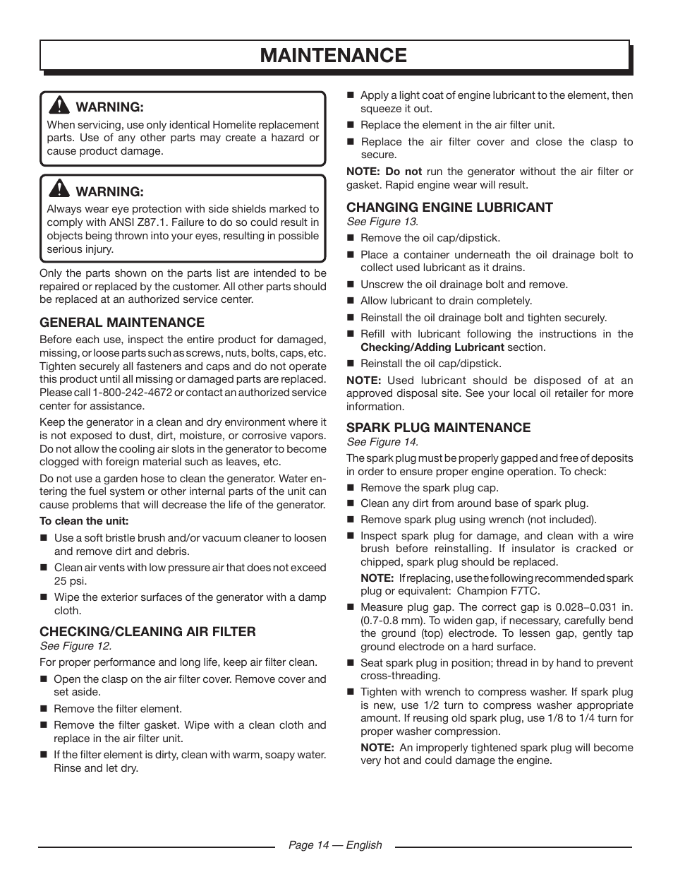 Maintenance | Homelite HG5000 User Manual | Page 18 / 60