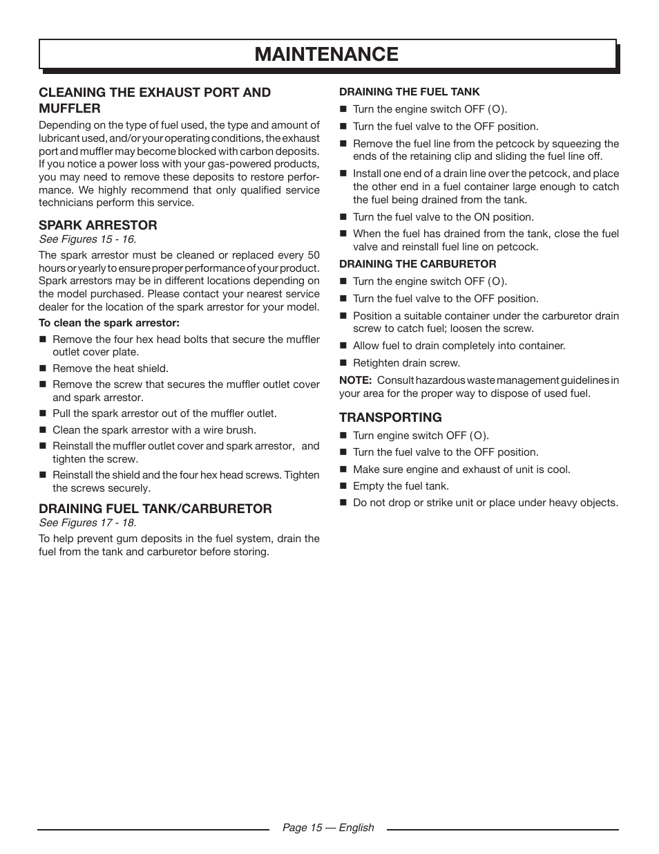 Maintenance | Homelite HG5000 User Manual | Page 19 / 60