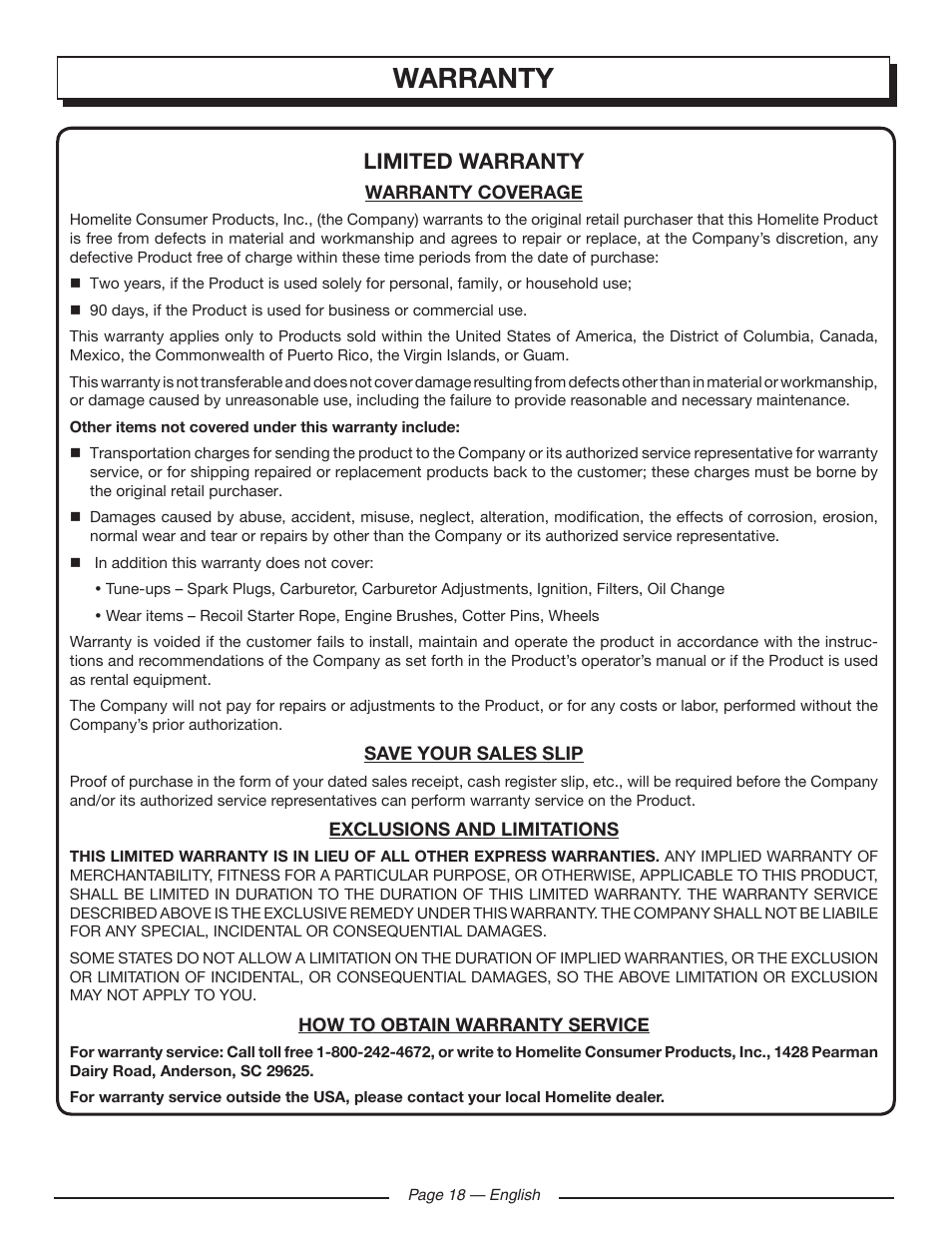 Warranty, Limited warranty | Homelite HG5000 User Manual | Page 22 / 60