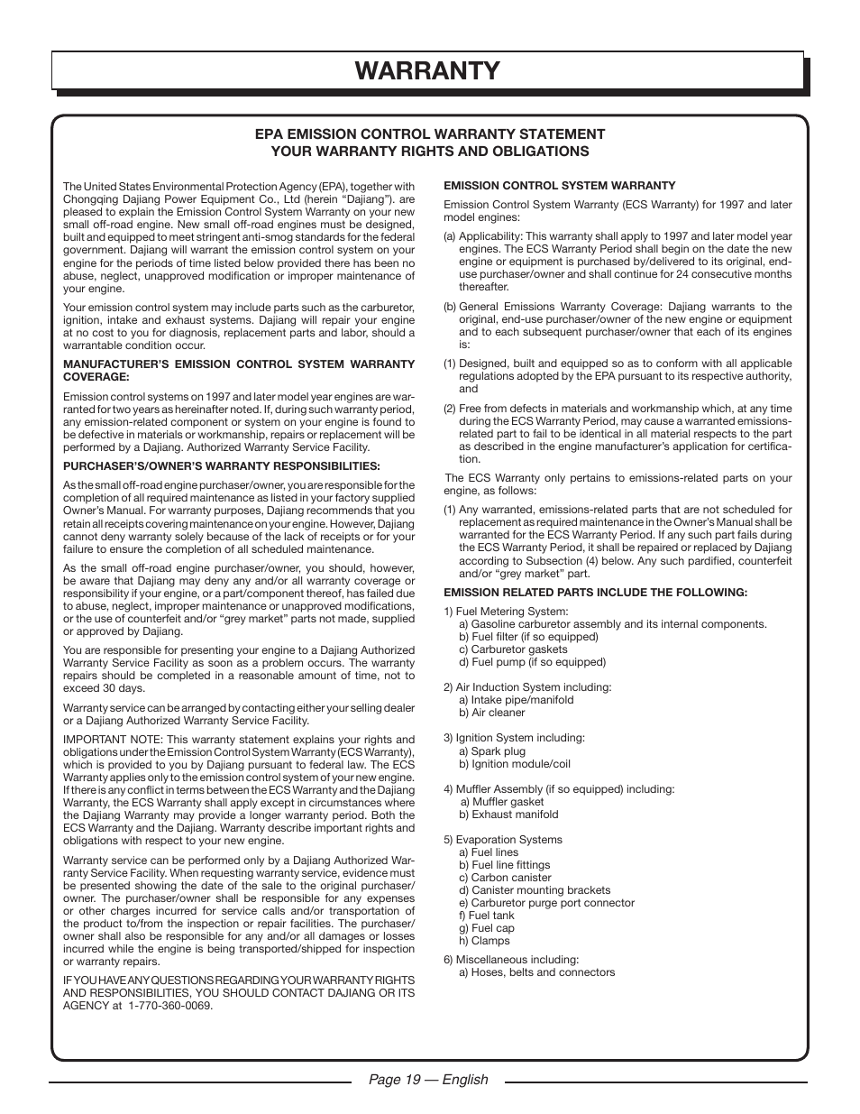 Warranty | Homelite HG5000 User Manual | Page 23 / 60