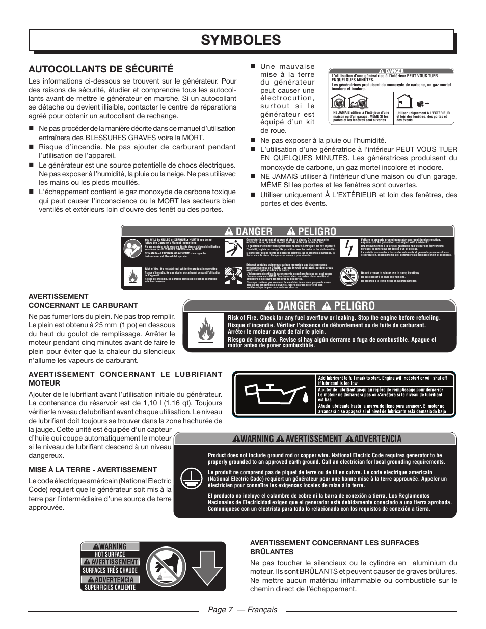 Symboles, Danger peligro, Autocollants de sécurité | Page 7 — français | Homelite HG5000 User Manual | Page 29 / 60