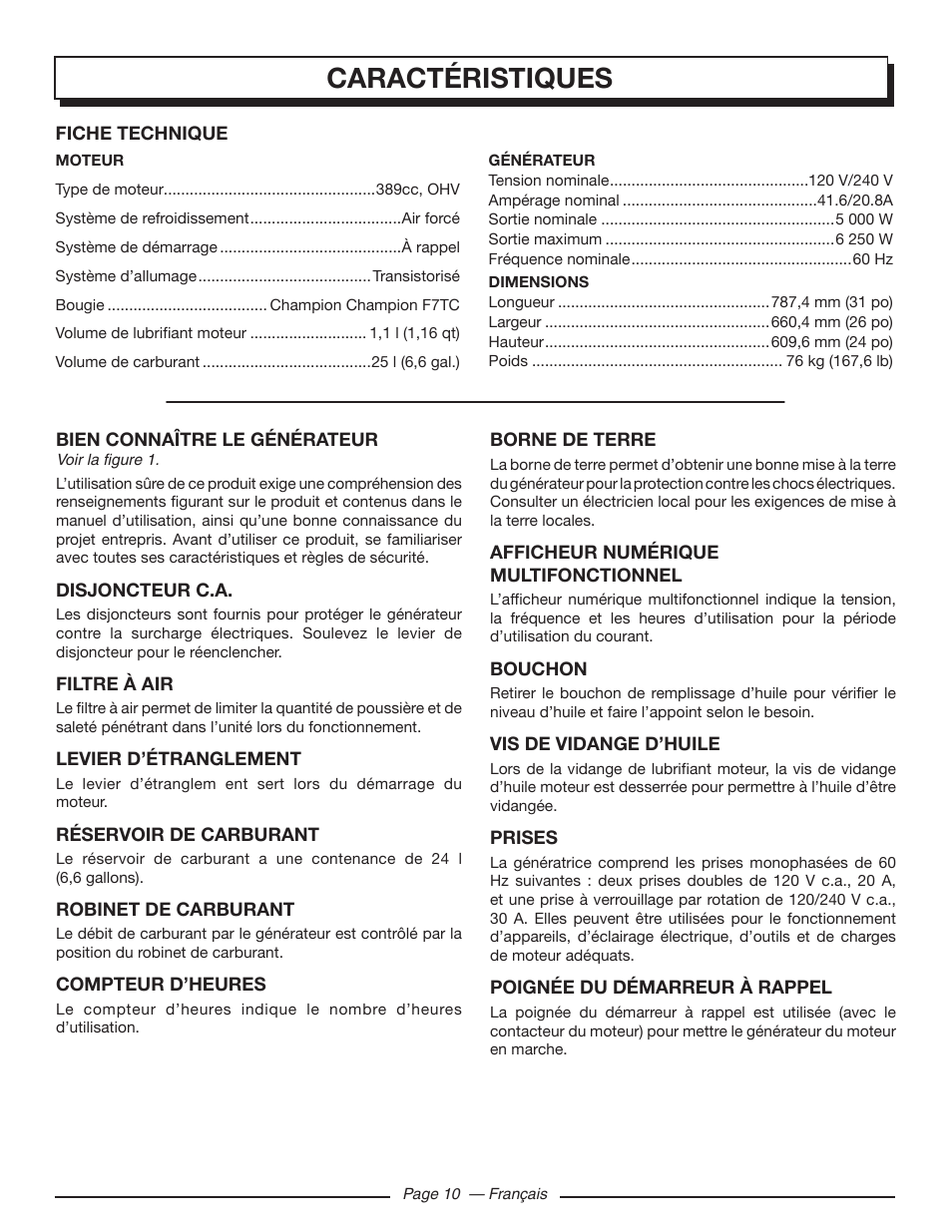 Caractéristiques | Homelite HG5000 User Manual | Page 32 / 60