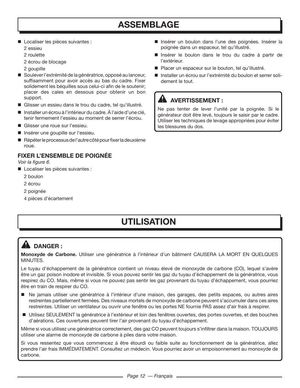 Assemblage, Utilisation | Homelite HG5000 User Manual | Page 34 / 60