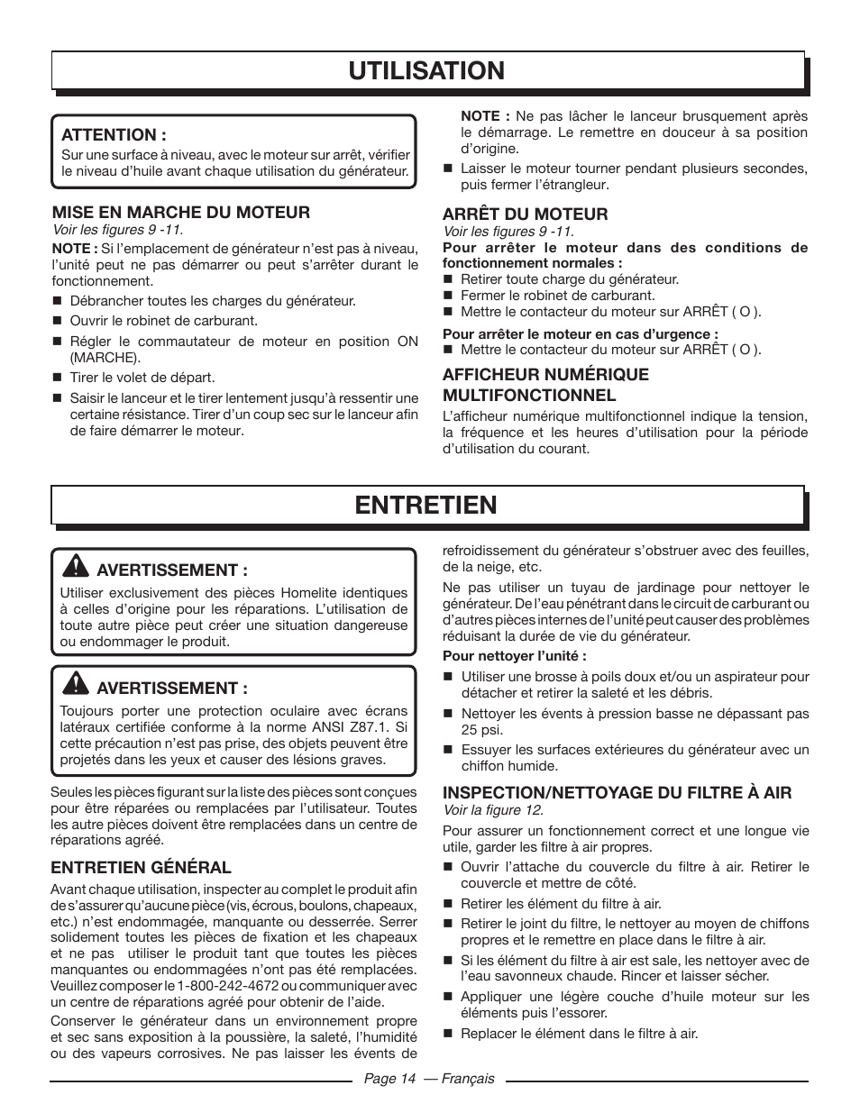 Utilisation, Entretien | Homelite HG5000 User Manual | Page 36 / 60