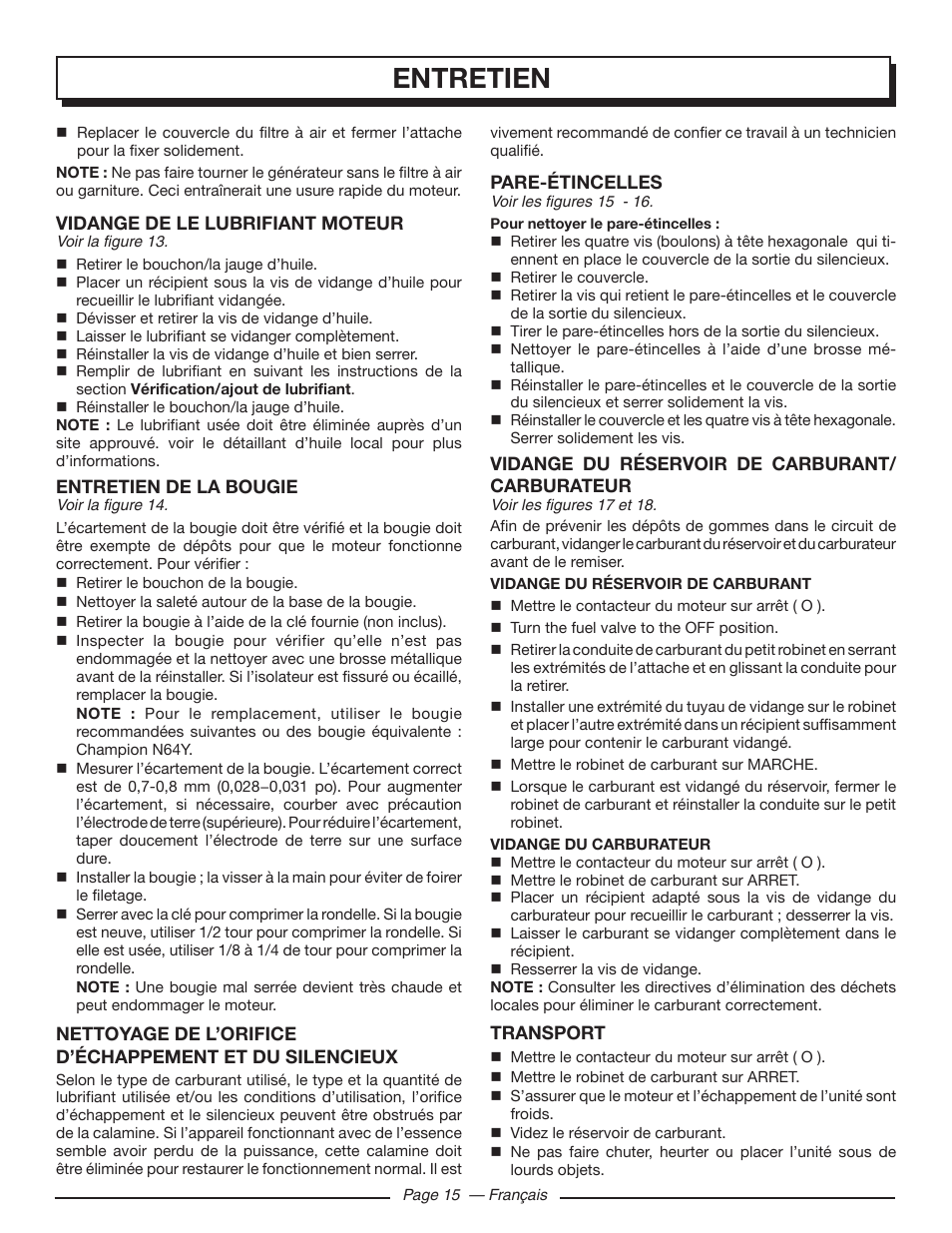 Entretien | Homelite HG5000 User Manual | Page 37 / 60