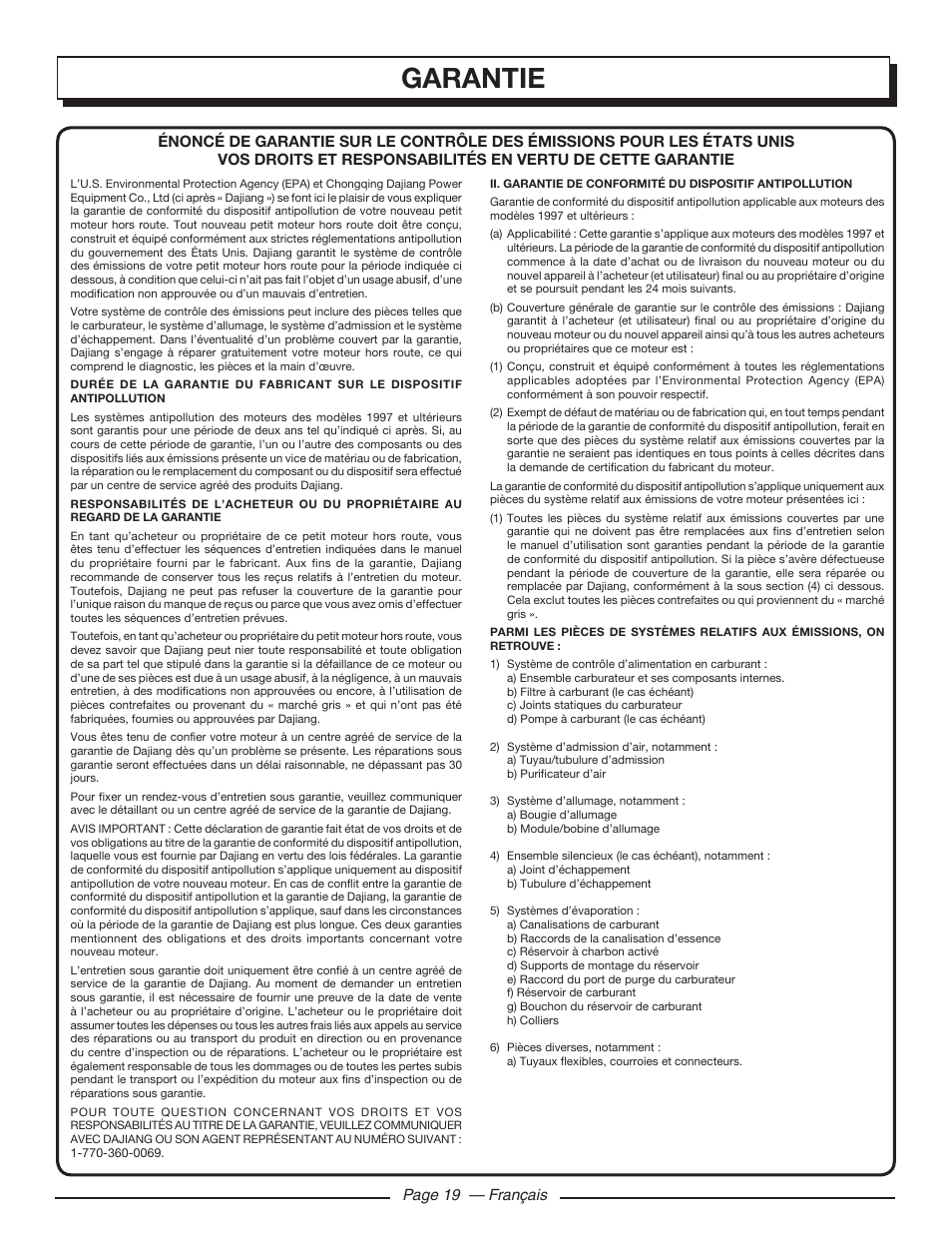 Garantie, Page 19 — français | Homelite HG5000 User Manual | Page 41 / 60