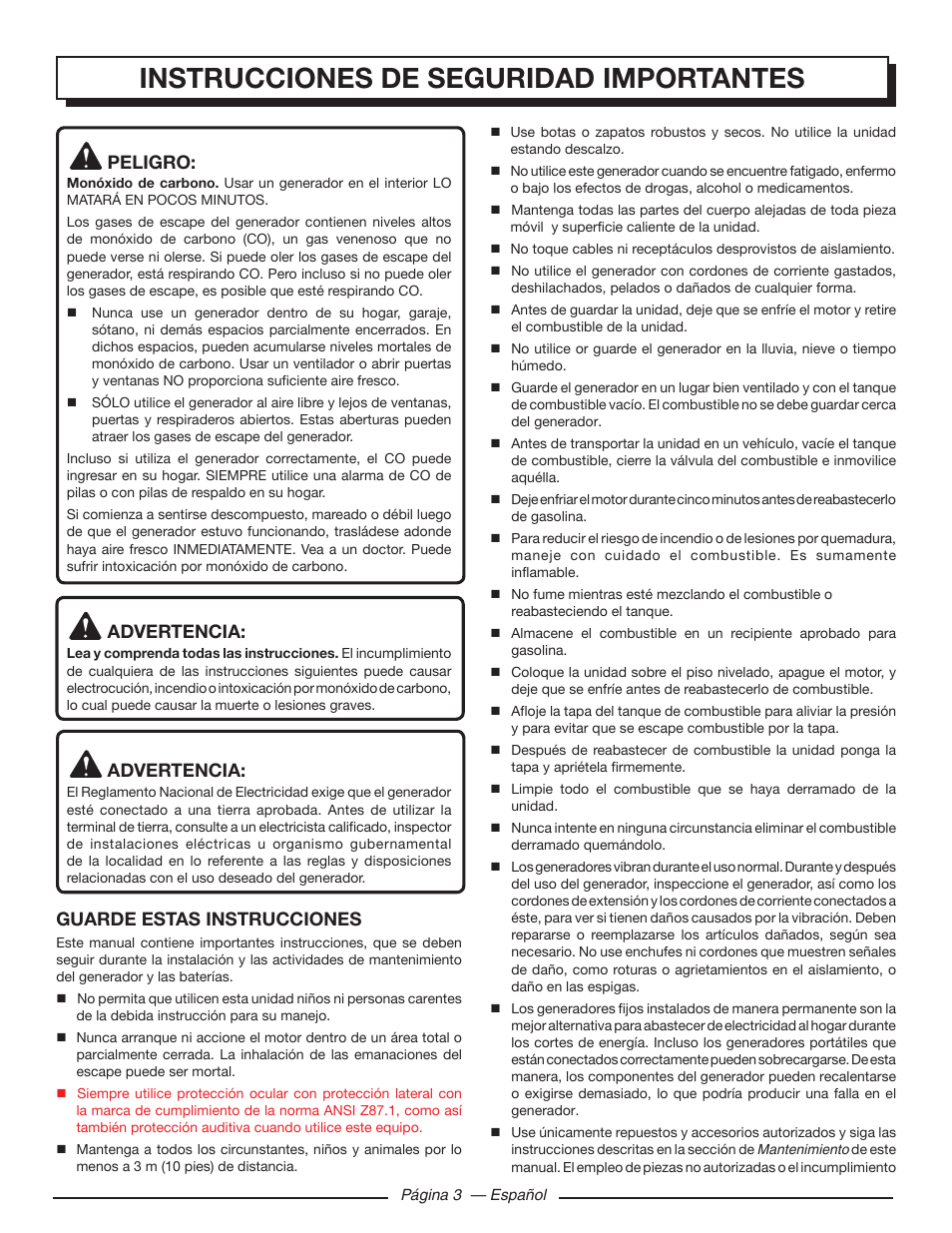 Instrucciones de seguridad importantes, Peligro, Advertencia | Guarde estas instrucciones | Homelite HG5000 User Manual | Page 43 / 60