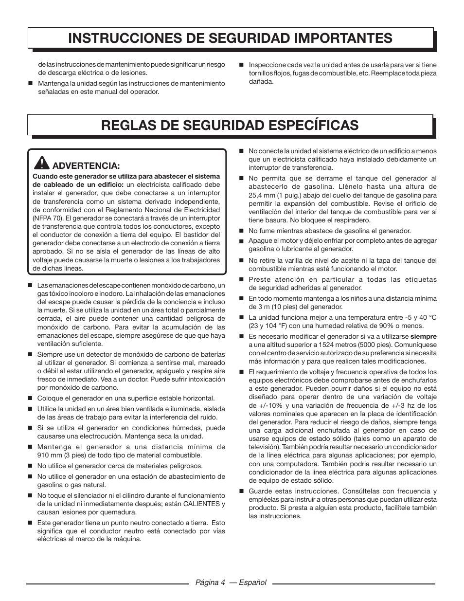 Reglas de seguridad específicas, Instrucciones de seguridad importantes | Homelite HG5000 User Manual | Page 44 / 60
