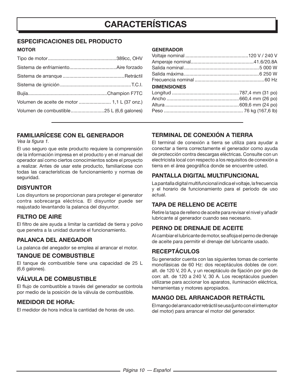 Características | Homelite HG5000 User Manual | Page 50 / 60