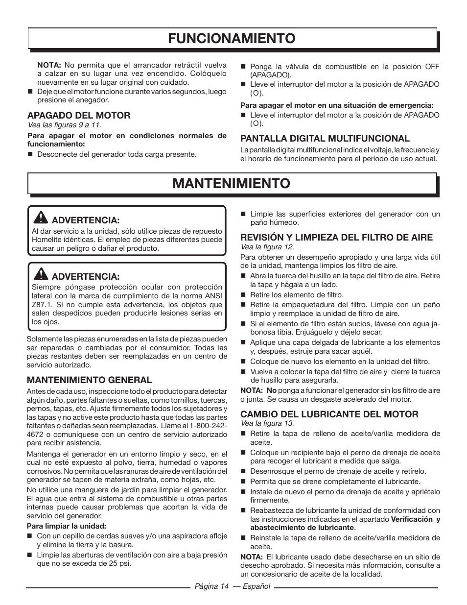 Funcionamiento, Mantenimiento | Homelite HG5000 User Manual | Page 54 / 60