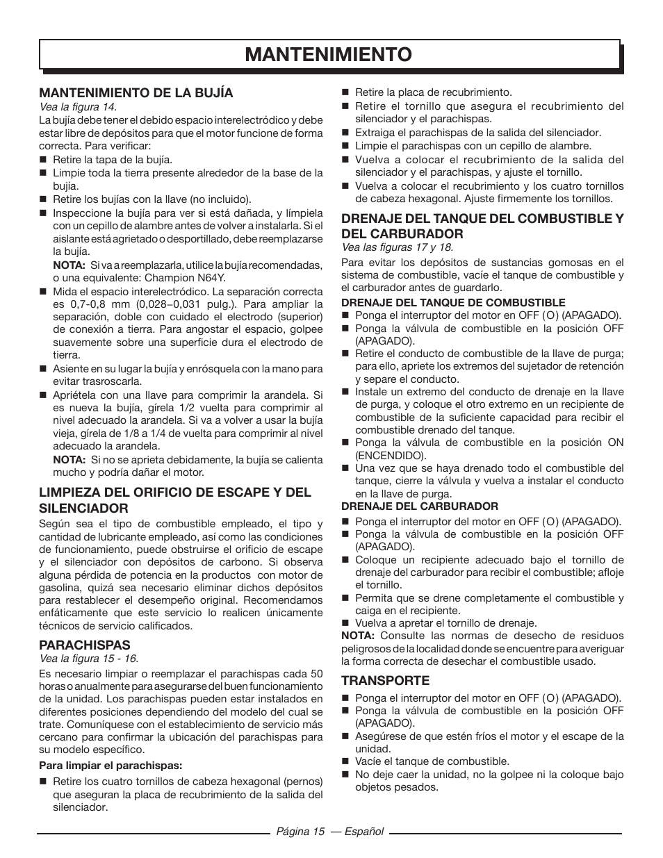 Mantenimiento | Homelite HG5000 User Manual | Page 55 / 60