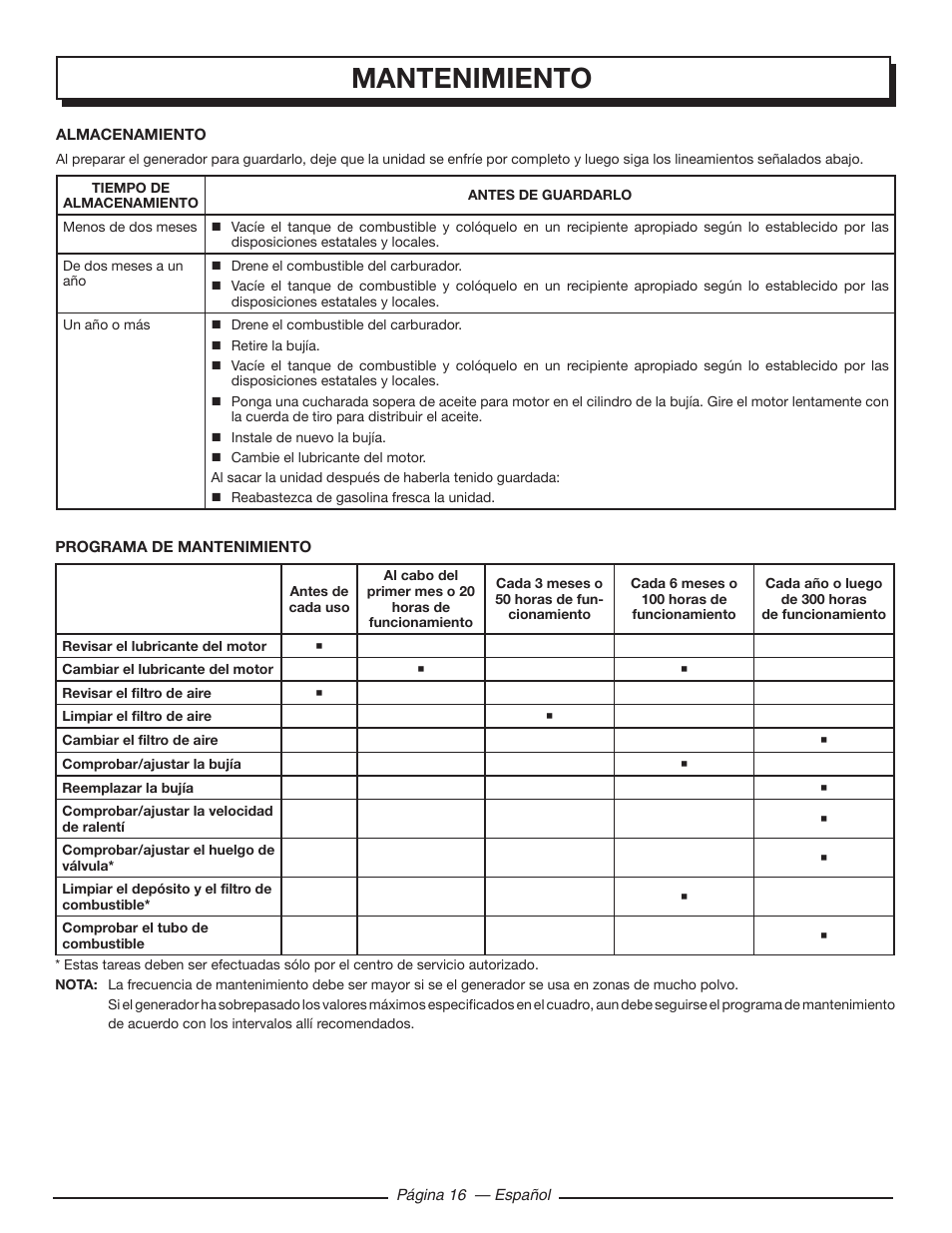 Mantenimiento | Homelite HG5000 User Manual | Page 56 / 60