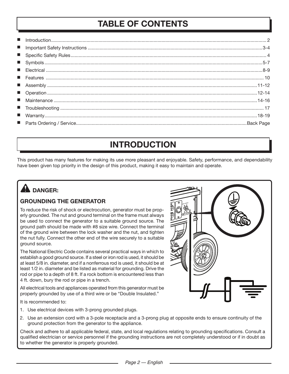 Table of contents introduction, Danger: grounding the generator | Homelite HG5000 User Manual | Page 6 / 60