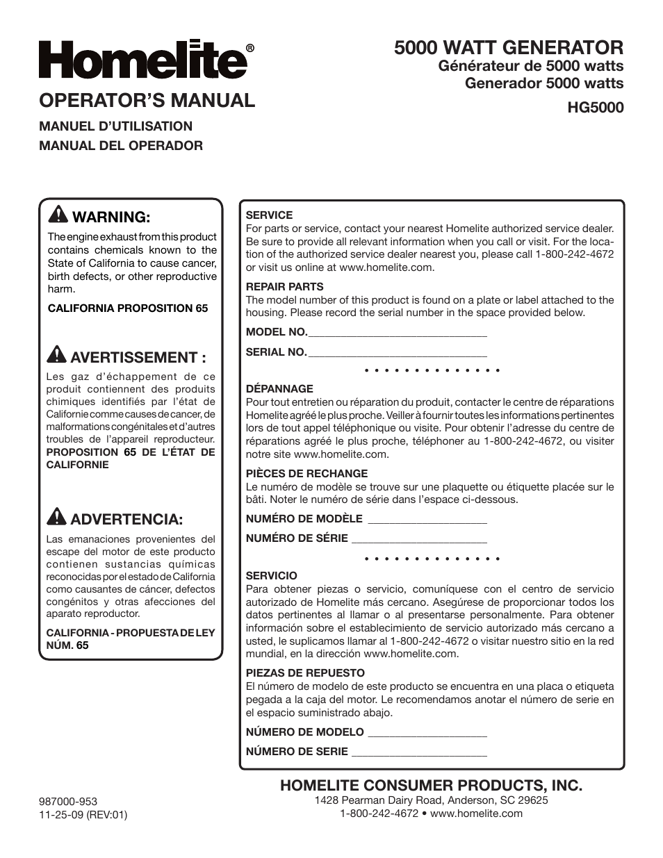 5000 watt generator, Operator’s manual, Warning | Avertissement, Advertencia | Homelite HG5000 User Manual | Page 60 / 60