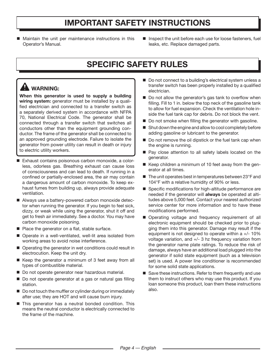 Specific safety rules, Important safety instructions | Homelite HG5000 User Manual | Page 8 / 60