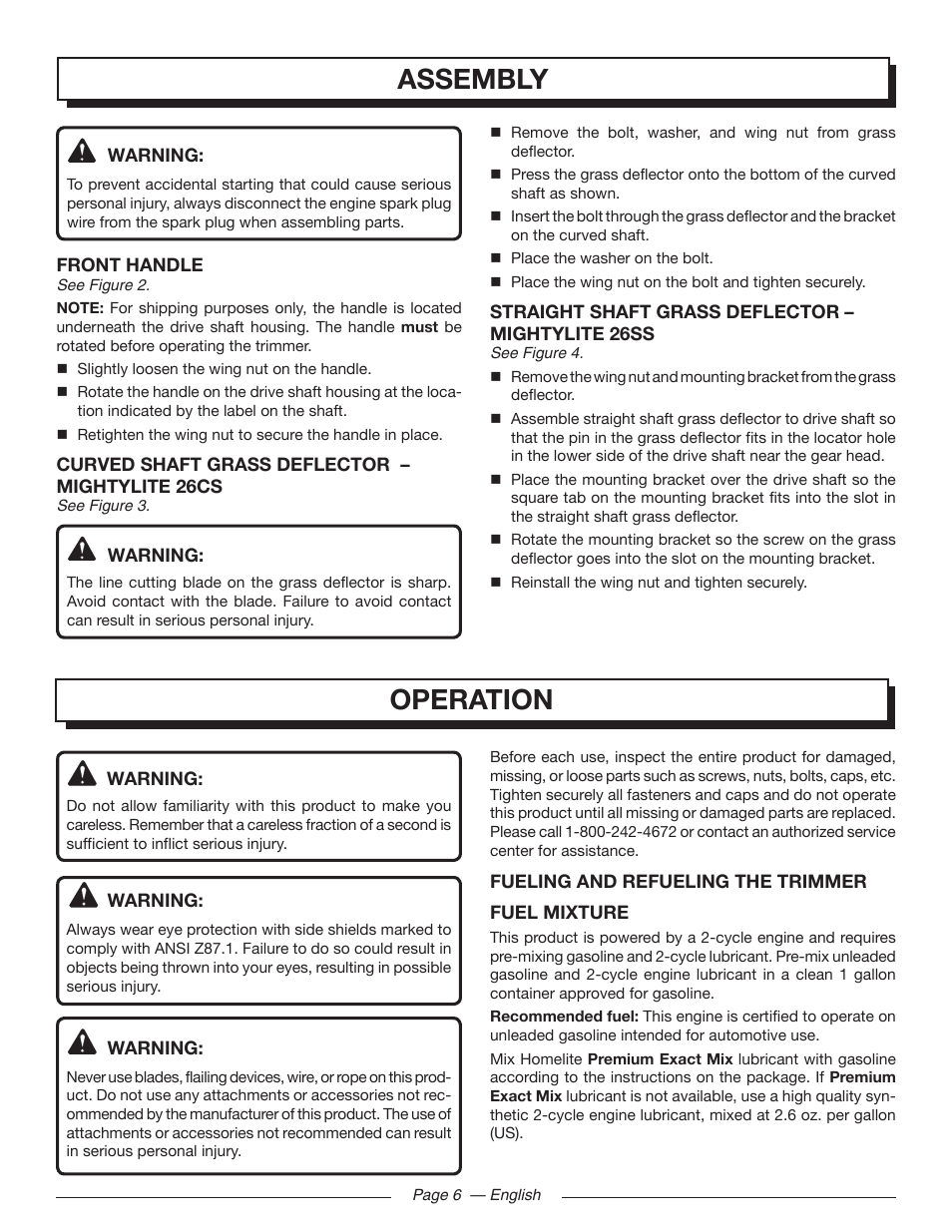 Assembly, Operation | Homelite MIGHTYLITE 26SS User Manual | Page 10 / 44