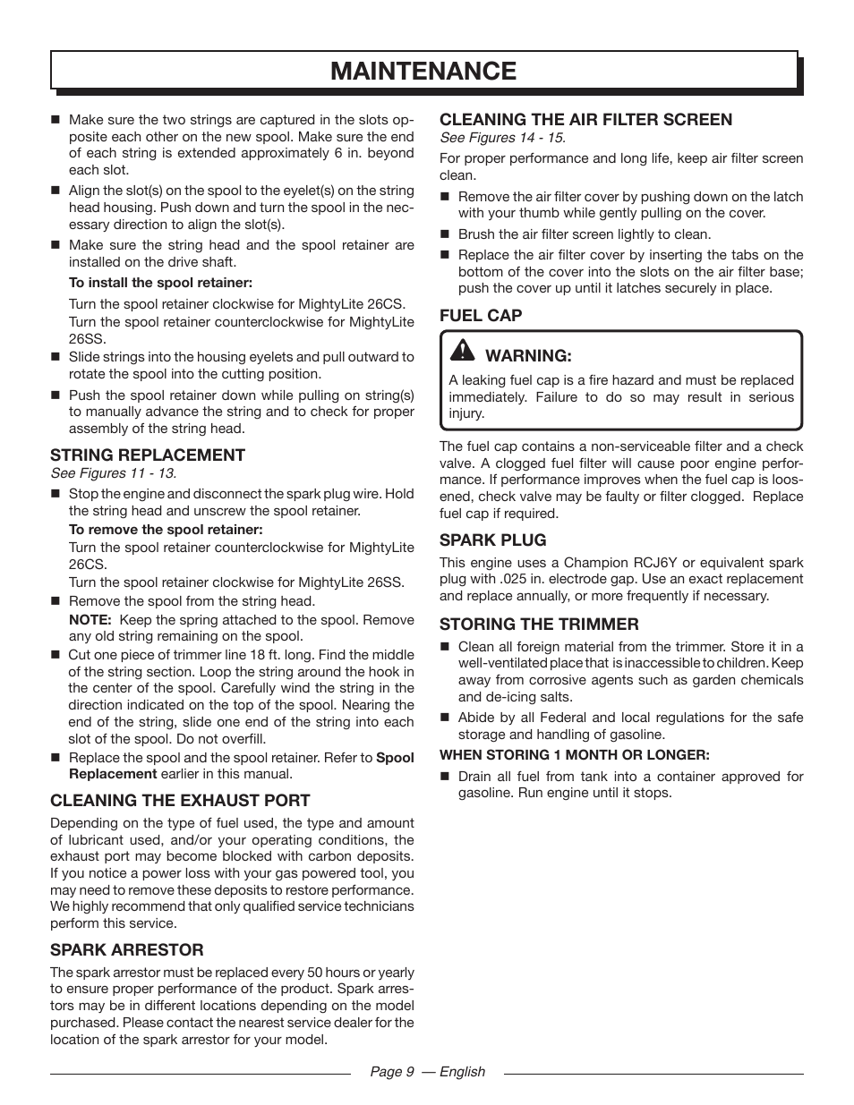 Maintenance | Homelite MIGHTYLITE 26SS User Manual | Page 13 / 44