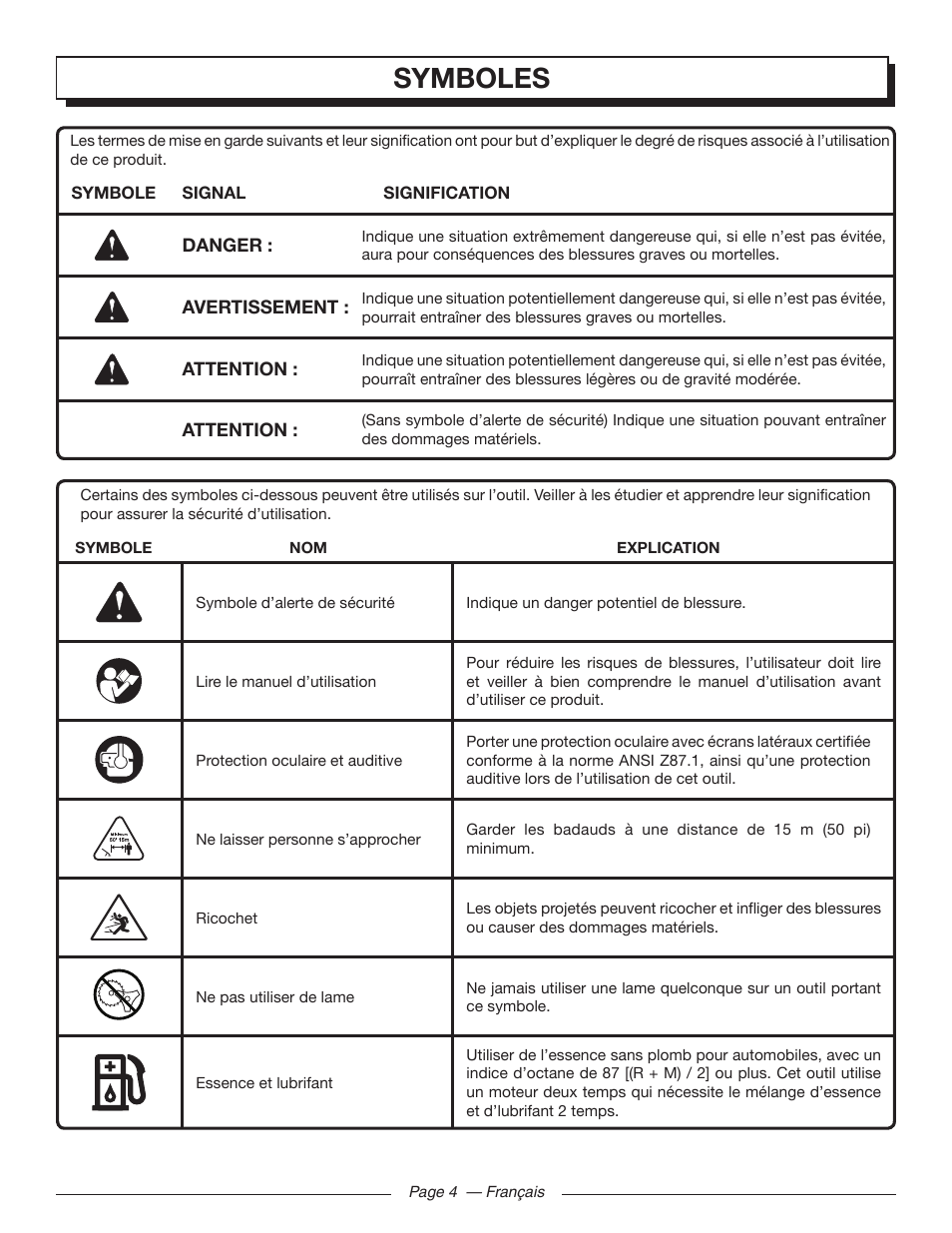 Symboles | Homelite MIGHTYLITE 26SS User Manual | Page 20 / 44