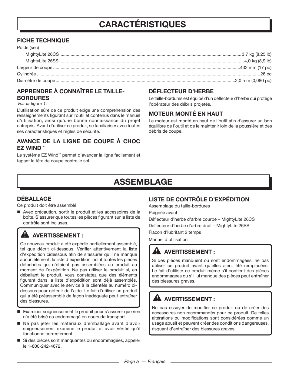 Assemblage, Caractéristiques | Homelite MIGHTYLITE 26SS User Manual | Page 21 / 44