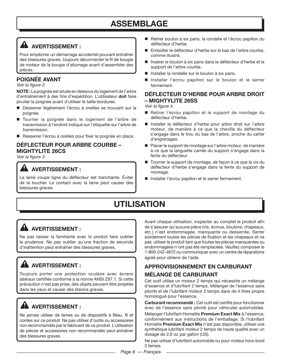 Assemblage, Utilisation | Homelite MIGHTYLITE 26SS User Manual | Page 22 / 44