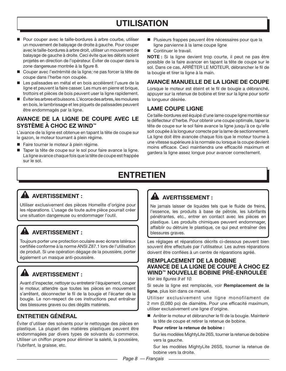 Utilisation, Entretien | Homelite MIGHTYLITE 26SS User Manual | Page 24 / 44