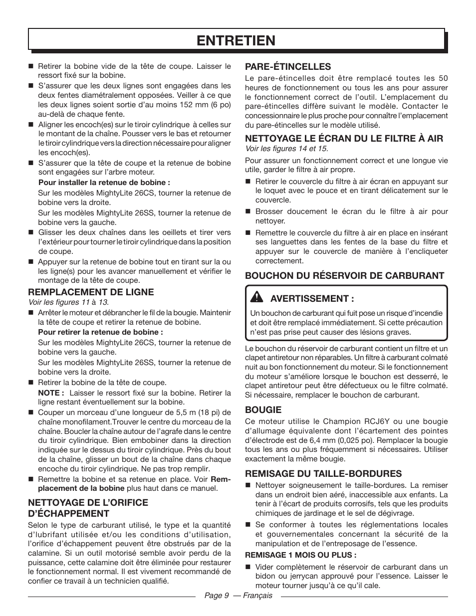 Entretien | Homelite MIGHTYLITE 26SS User Manual | Page 25 / 44