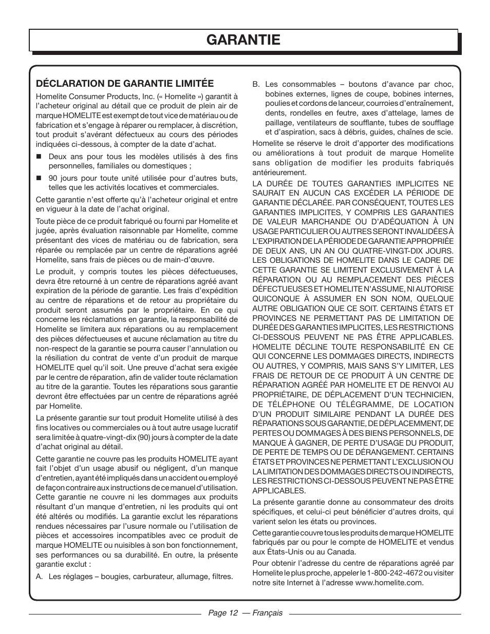 Garantie | Homelite MIGHTYLITE 26SS User Manual | Page 28 / 44