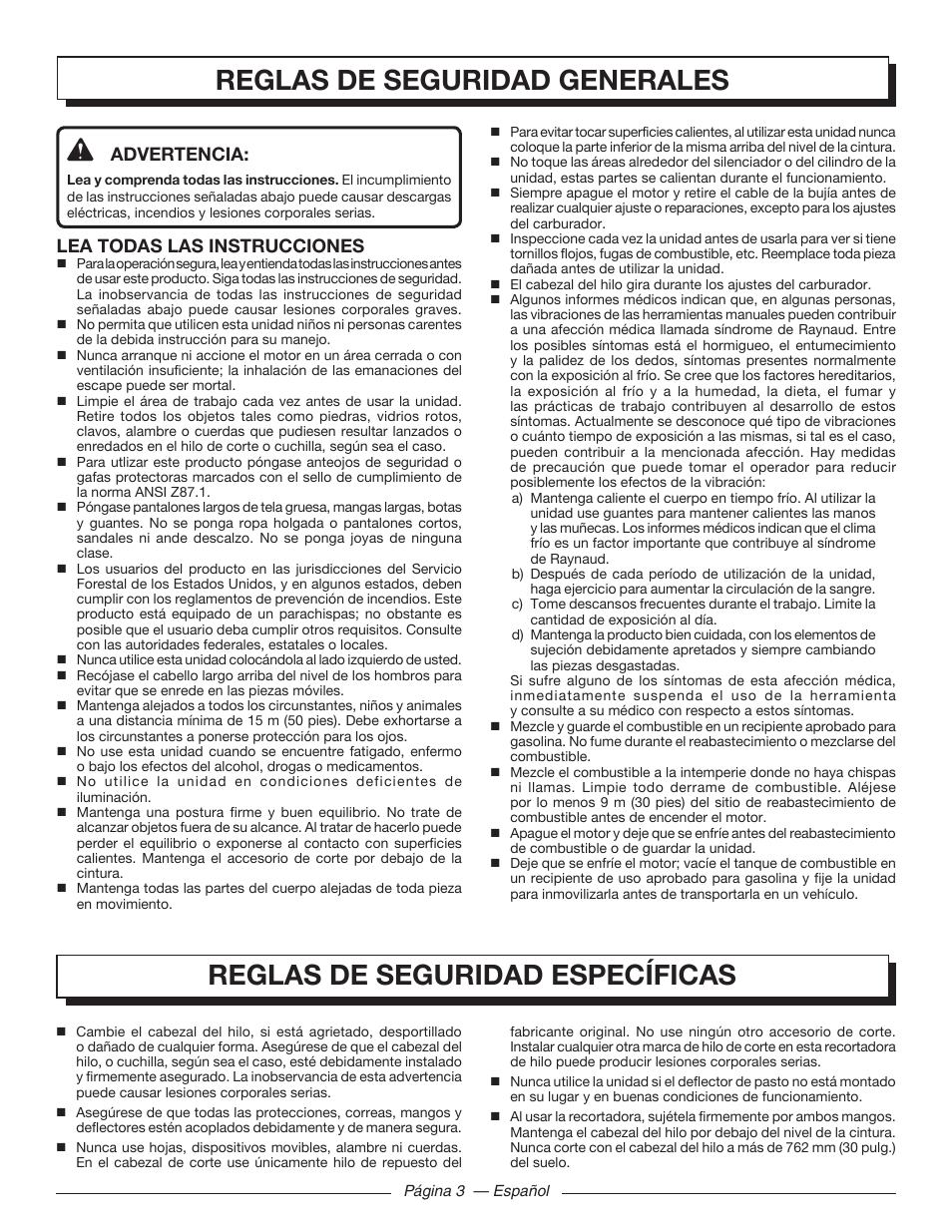 Reglas de seguridad generales, Reglas de seguridad específicas, Advertencia | Lea todas las instrucciones | Homelite MIGHTYLITE 26SS User Manual | Page 31 / 44